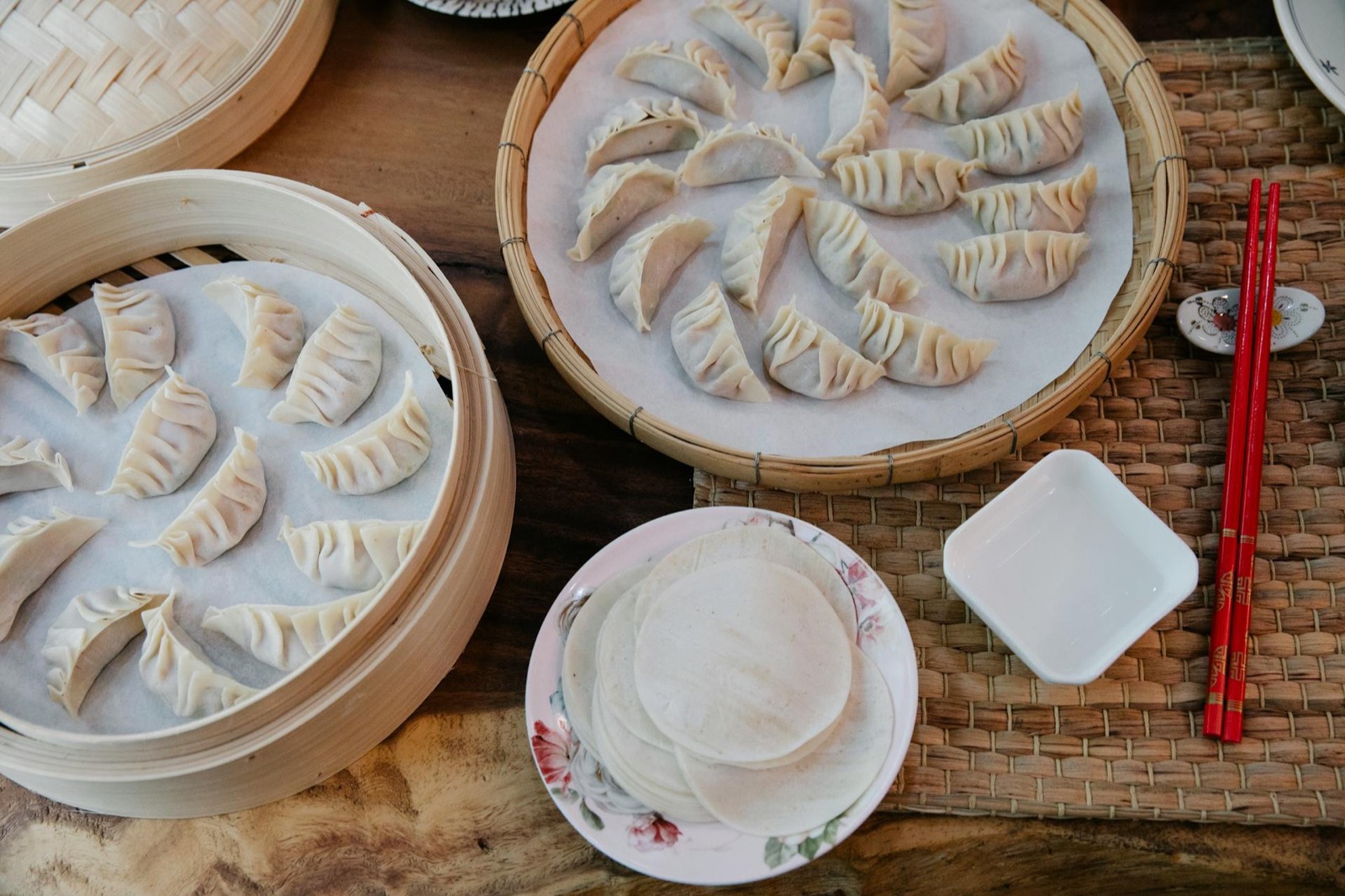 Handmade Chinese dumplings beautifully arranged